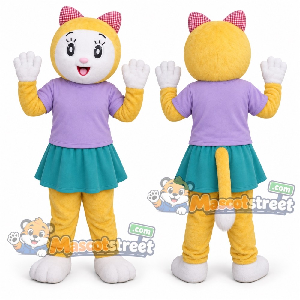 Yellow Cat Mascot Costume with Lavender Shirt and Teal Skirt