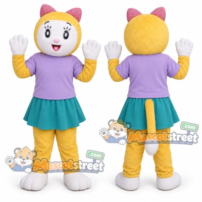 Yellow Cat Mascot Costume with Lavender Shirt and Teal Skirt