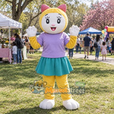 Yellow Cat Mascot Costume with Lavender Shirt and Teal Skirt