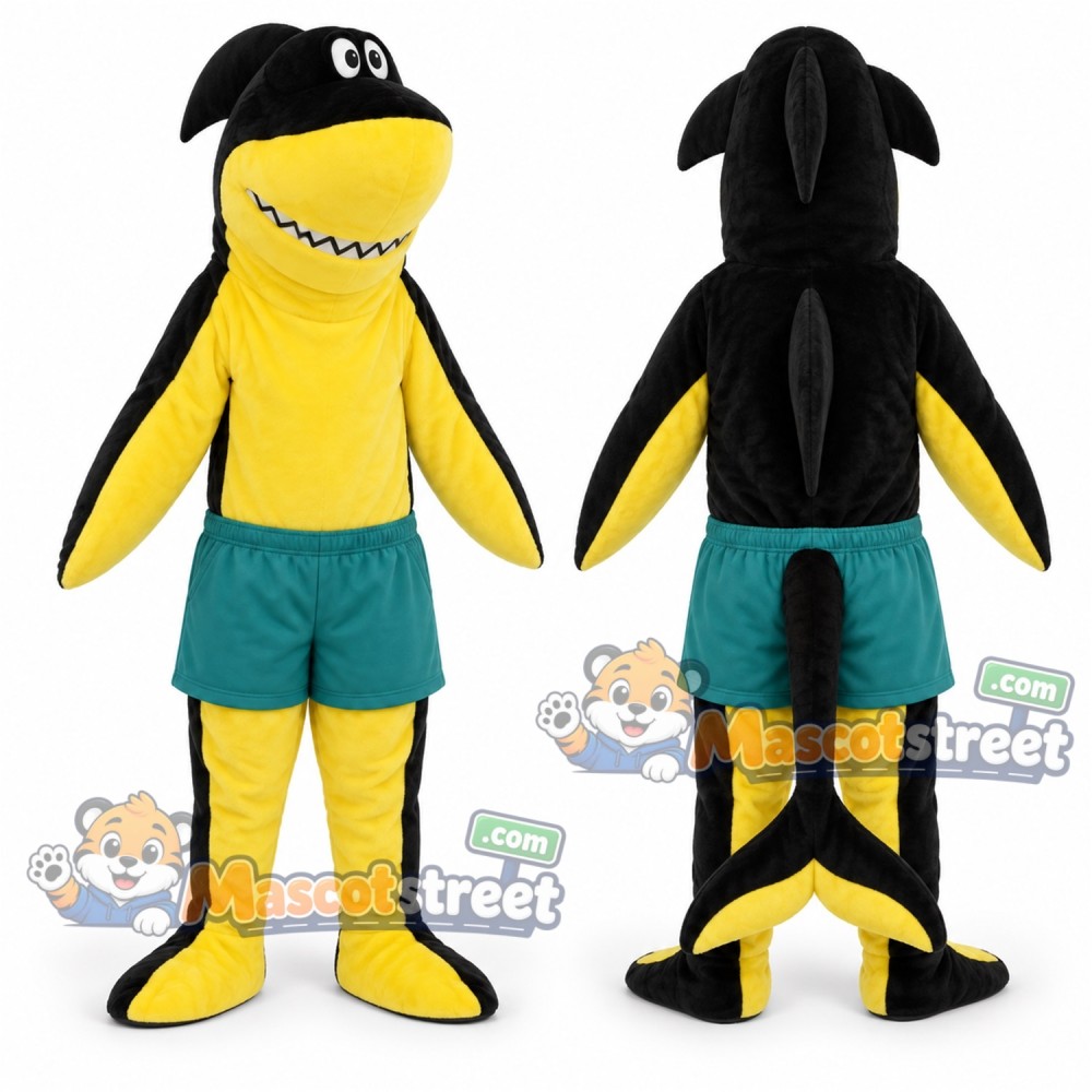 Black and Yellow Shark Mascot Costume with Teal Shorts Black and Yellow Shark Mascot Costume with Teal Shorts