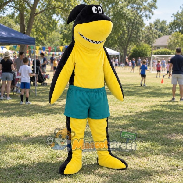 Black and Yellow Shark Mascot Costume with Teal Shorts
