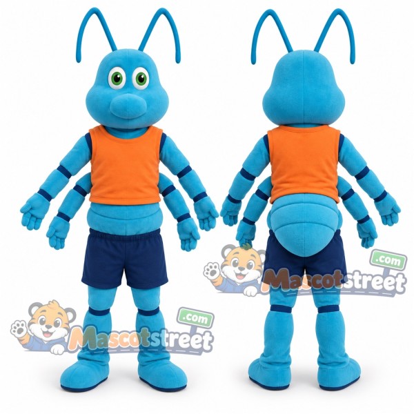Blue Ant Mascot Costume with Orange Vest and Navy Shorts
