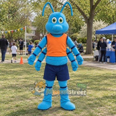 Blue Ant Mascot Costume with Orange Vest and Navy Shorts