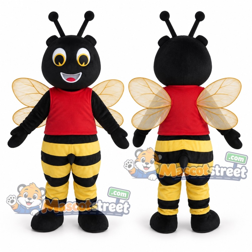 Yellow and Black Bee Mascot Costume with Red Vest Yellow and Black Bee Mascot Costume with Red Vest