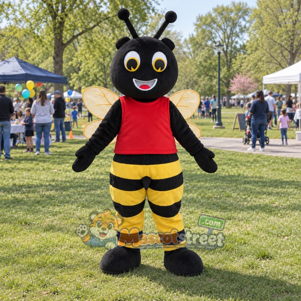 Yellow and Black Bee Mascot Costume with Red Vest Yellow and Black Bee Mascot Costume with Red Vest