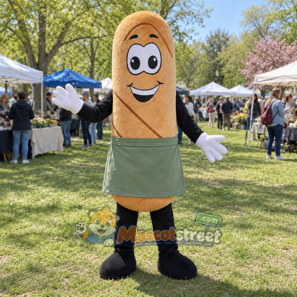 Baguette Mascot Costume with Green Apron Baguette Mascot Costume with Green Apron
