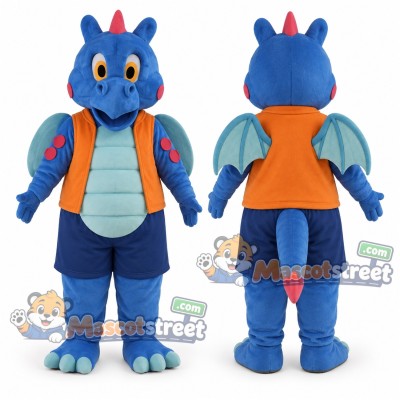 Blue Dragon Mascot Costume with Orange Vest and Blue Shorts Blue Dragon Mascot Costume with Orange Vest and Blue Shorts