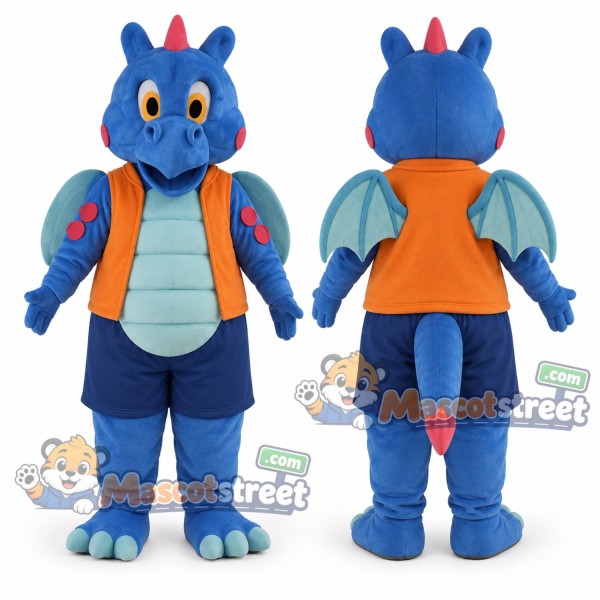 Blue Dragon Mascot Costume with Orange Vest and Blue Shorts