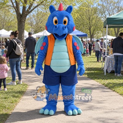 Blue Dragon Mascot Costume with Orange Vest and Blue Shorts Blue Dragon Mascot Costume with Orange Vest and Blue Shorts