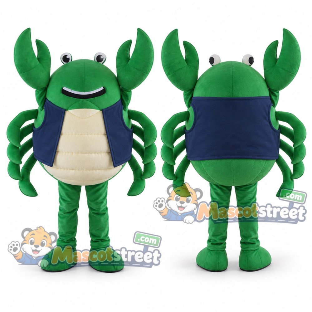 Green Crab Mascot Costume with Navy Vest Green Crab Mascot Costume with Navy Vest