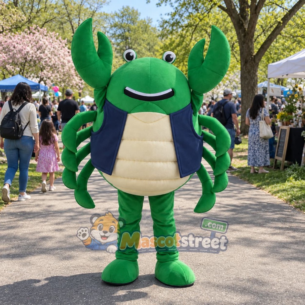 Green Crab Mascot Costume with Navy Vest Green Crab Mascot Costume with Navy Vest