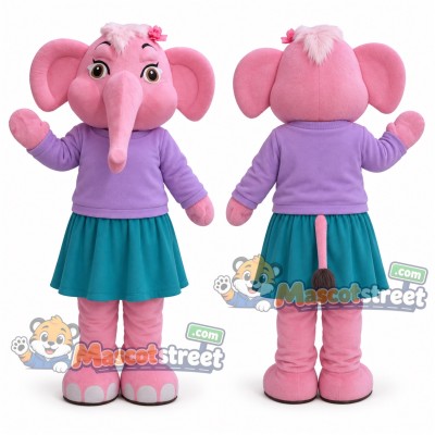 Pink Elephant Mascot Costume with Lavender Shirt and Teal Skirt
