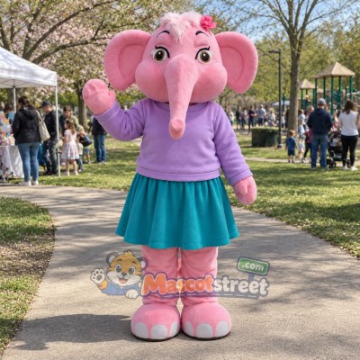 Pink Elephant Mascot Costume with Lavender Shirt and Teal Skirt