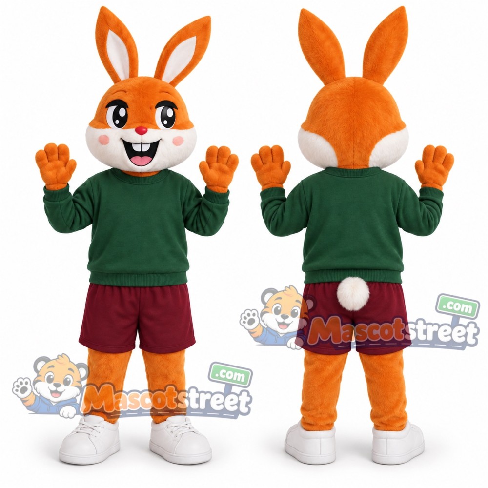 Orange Rabbit Mascot Costume with Green Sweater and Burgundy Shorts