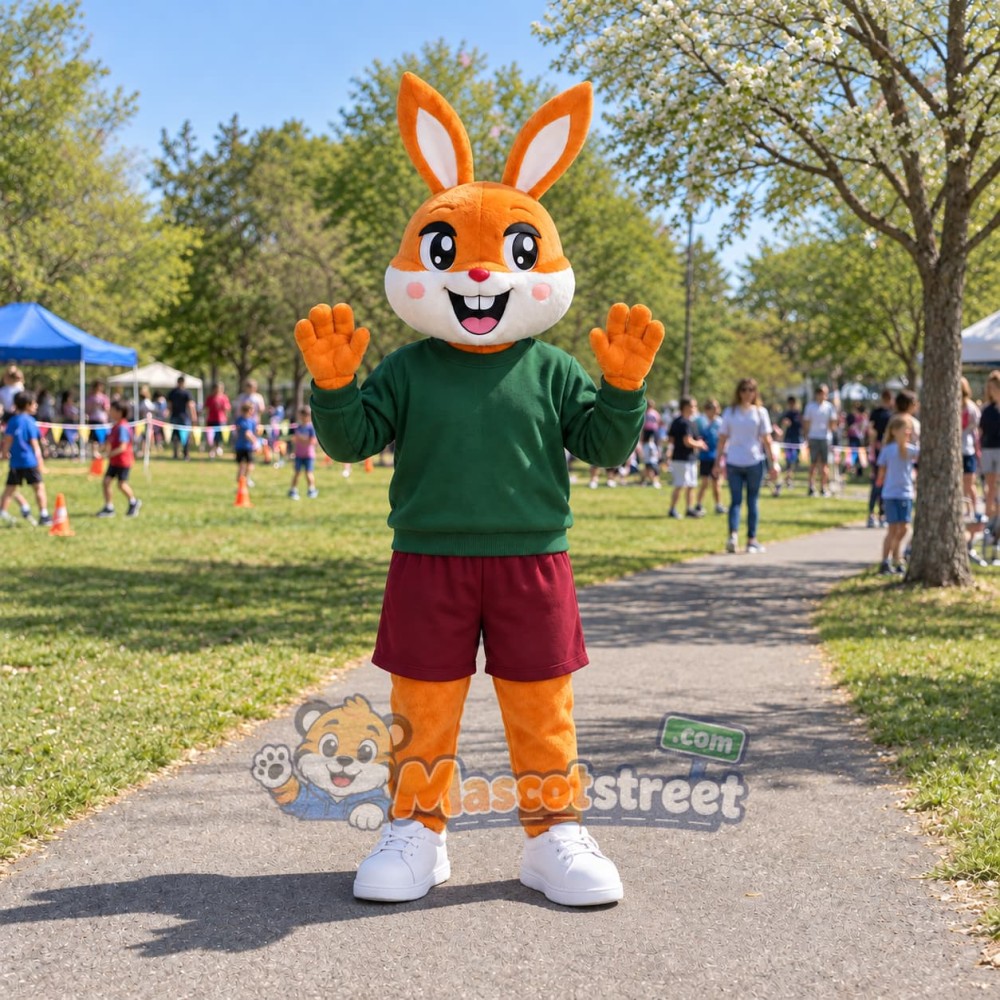 Orange Rabbit Mascot Costume with Green Sweater and Burgundy Shorts
