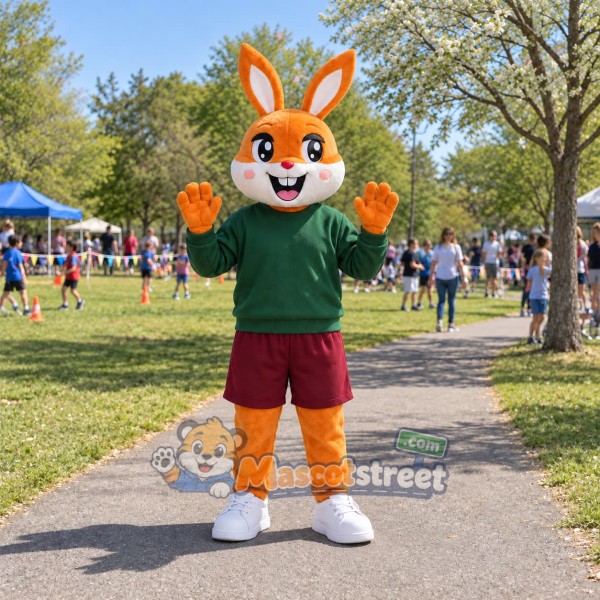 Orange Rabbit Mascot Costume with Green Sweater and Burgundy Shorts