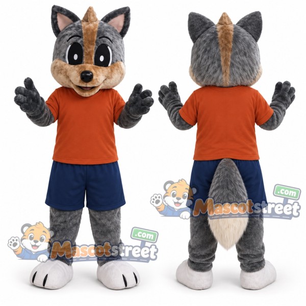Gray Fox Mascot Costume with Orange Shirt and Navy Shorts