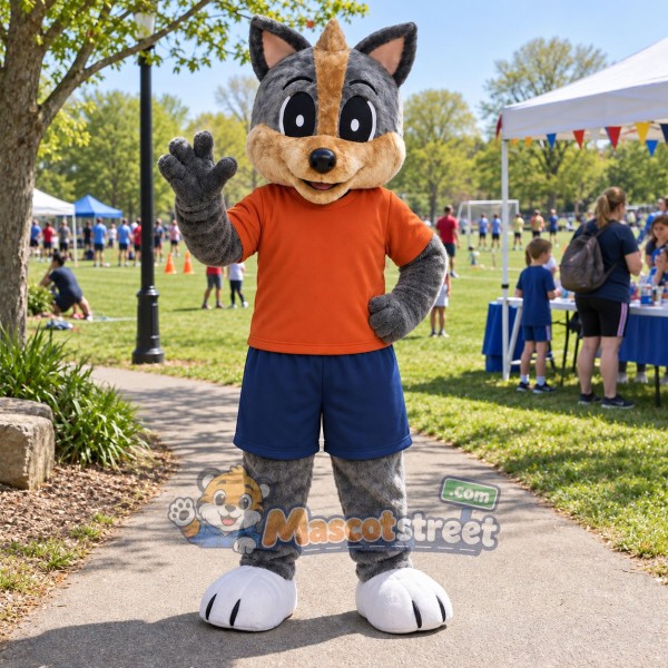 Gray Fox Mascot Costume with Orange Shirt and Navy Shorts
