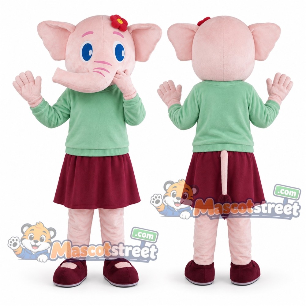 Pink Elephant Mascot Costume with Mint Shirt and Burgundy Skirt