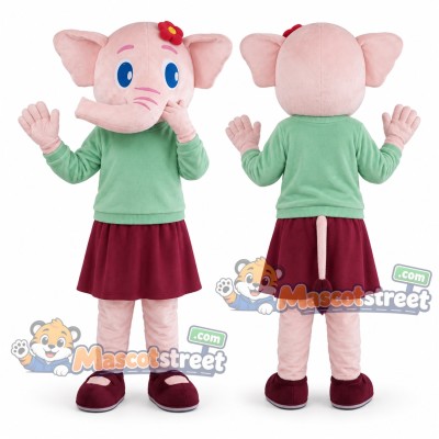 Pink Elephant Mascot Costume with Mint Shirt and Burgundy Skirt