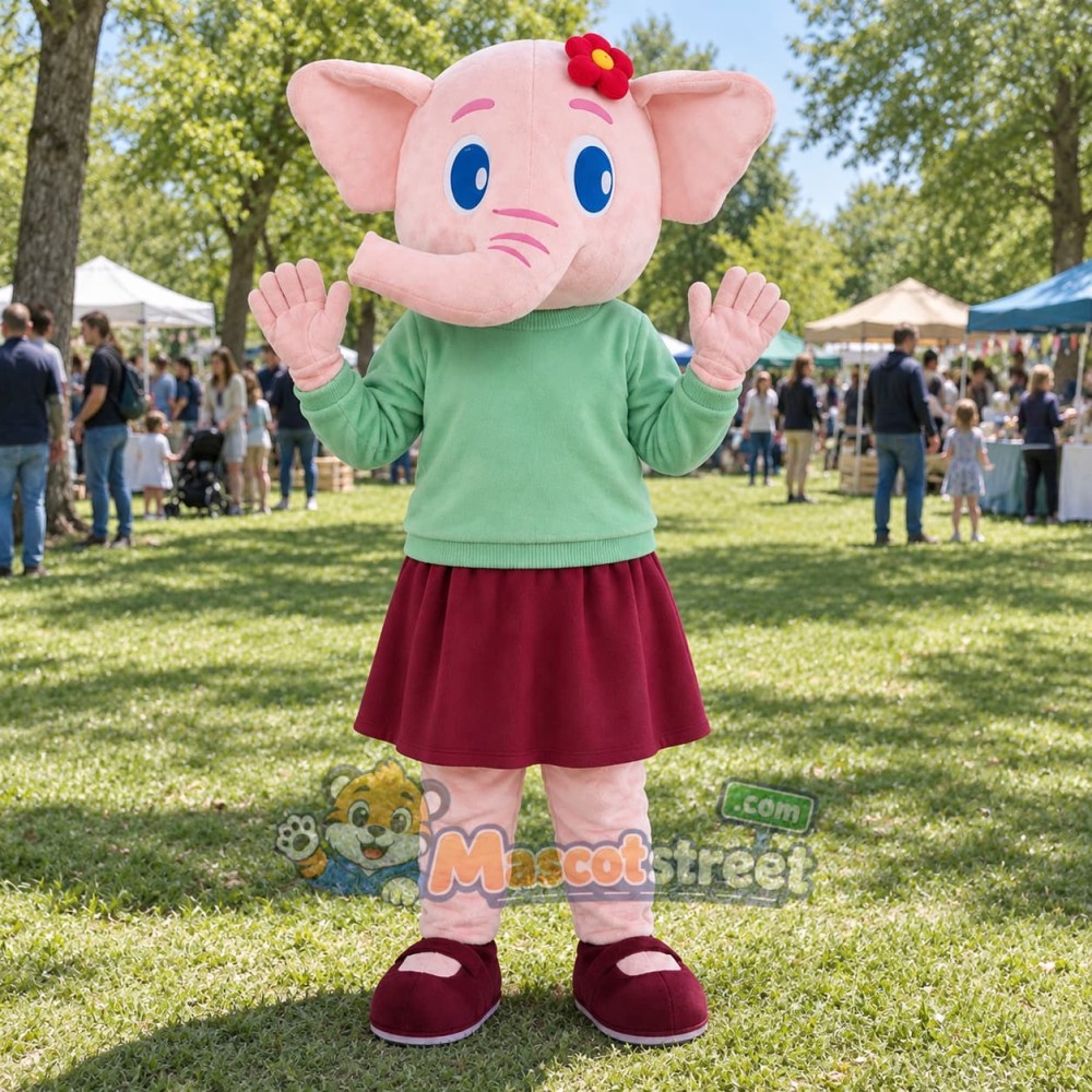 Pink Elephant Mascot Costume with Mint Shirt and Burgundy Skirt