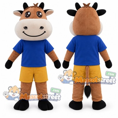 Brown Cow Mascot Costume with Blue Shirt and Yellow Shorts