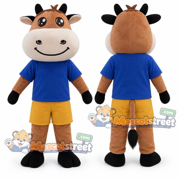 Brown Cow Mascot Costume with Blue Shirt and Yellow Shorts
