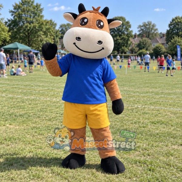 Brown Cow Mascot Costume with Blue Shirt and Yellow Shorts