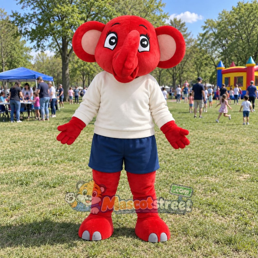 Red Elephant Mascot Costume with White Shirt and Navy Shorts Red Elephant Mascot Costume with White Shirt and Navy Shorts