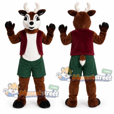 Brown Deer Mascot Costume with Burgundy Jacket and Green Shorts