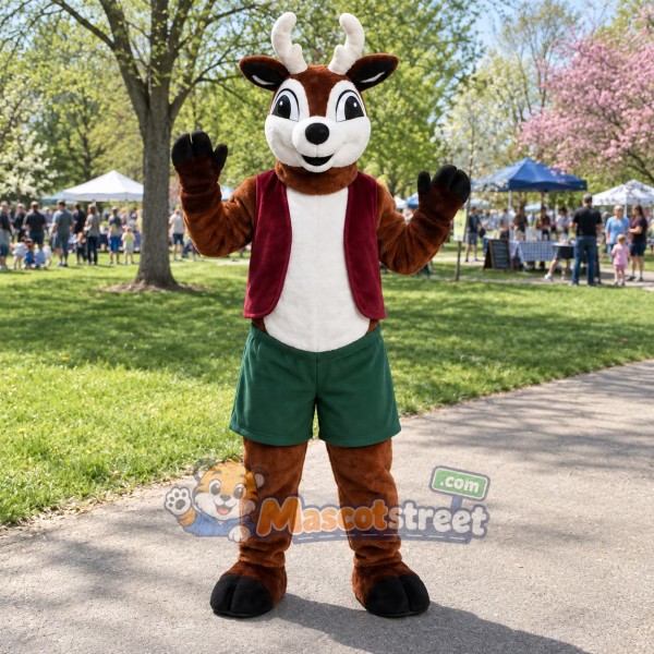 Brown Deer Mascot Costume with Burgundy Jacket and Green Shorts