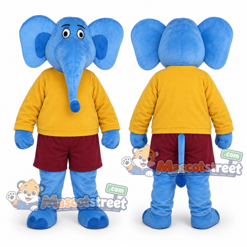 Blue Elephant Mascot Costume with Yellow Sweater and Burgundy Shorts