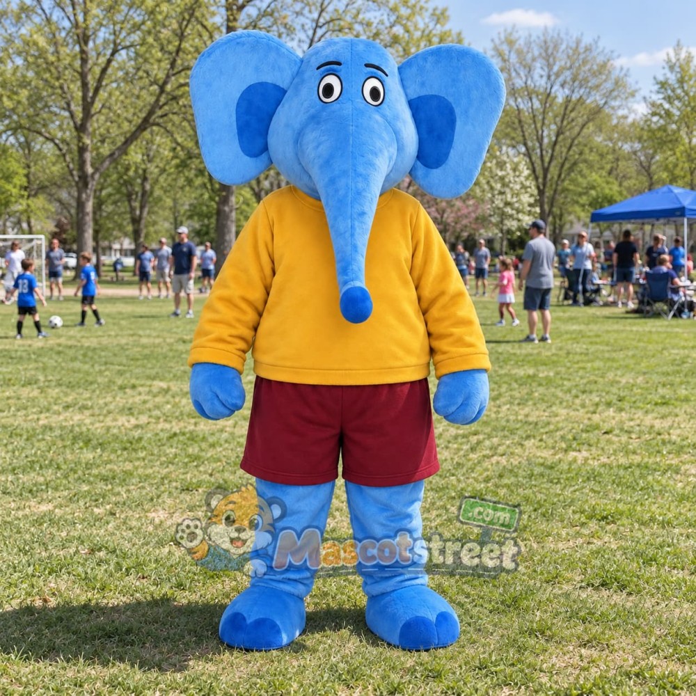 Blue Elephant Mascot Costume with Yellow Sweater and Burgundy Shorts