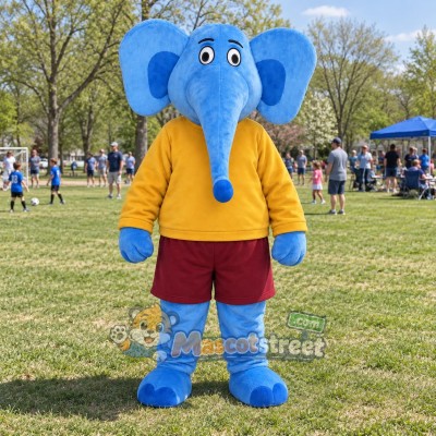 Blue Elephant Mascot Costume with Yellow Sweater and Burgundy Shorts