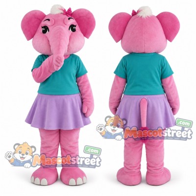 Pink Elephant Mascot Costume with Teal Shirt and Lavender Skirt