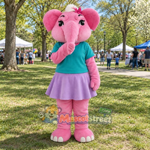 Pink Elephant Mascot Costume with Teal Shirt and Lavender Skirt