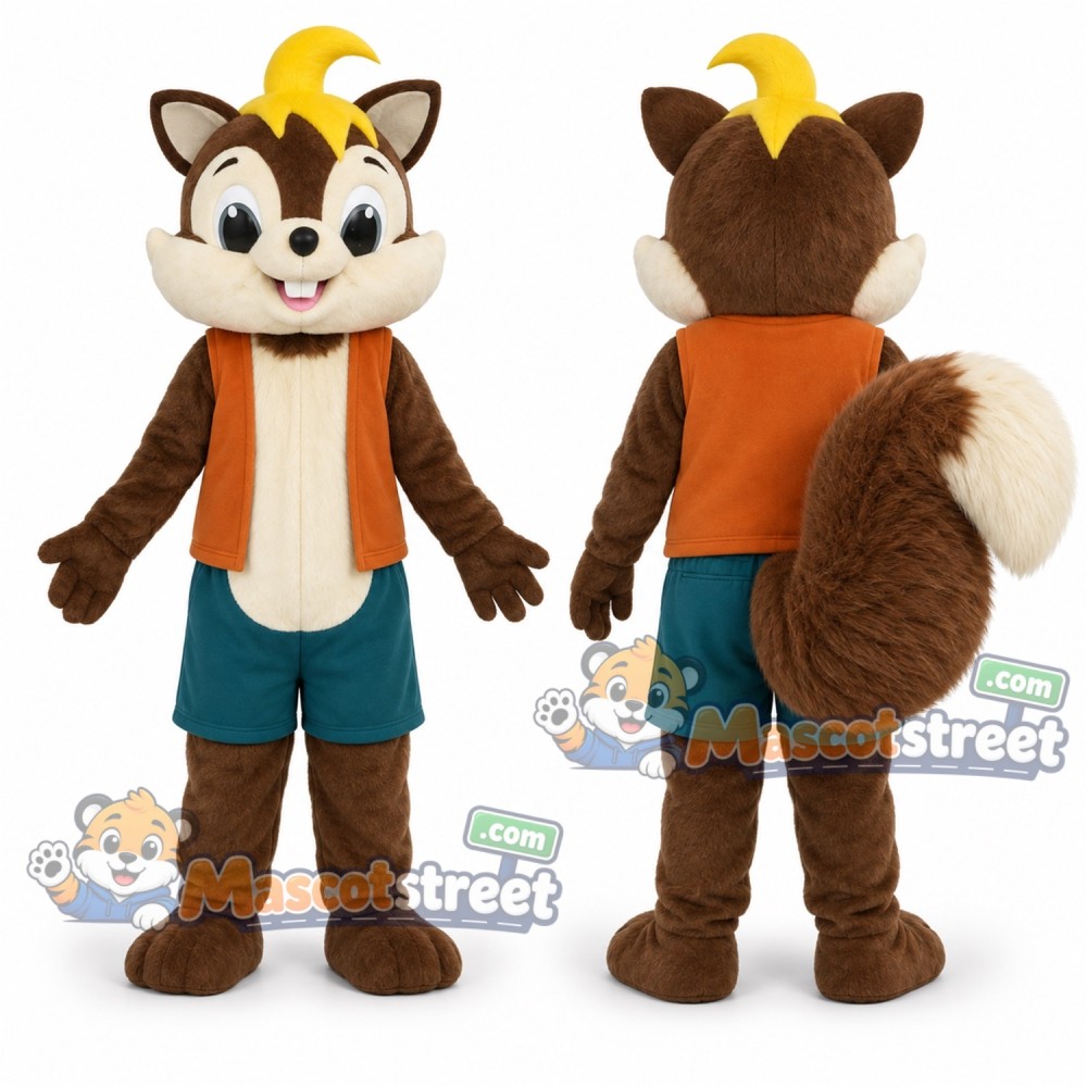 Brown Squirrel Mascot Costume with Orange Vest and Teal Shorts