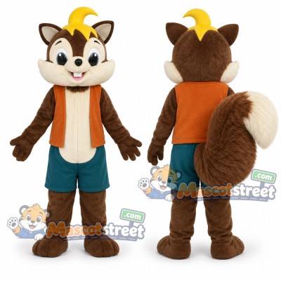 Brown Squirrel Mascot Costume with Orange Vest and Teal Shorts