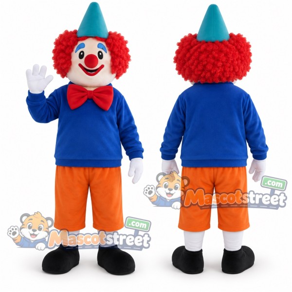 Clown Mascot Costume with Blue Sweater, Orange Shorts and Teal Hat