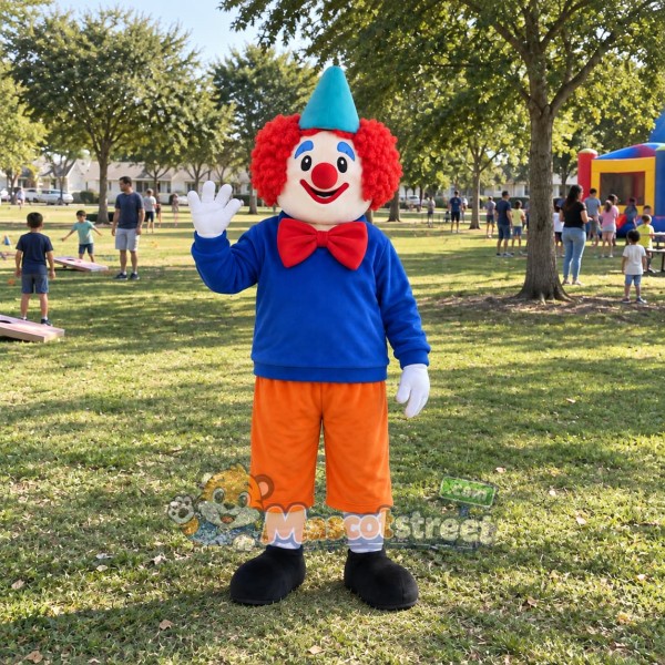 Clown Mascot Costume with Blue Sweater, Orange Shorts and Teal Hat