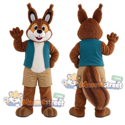 Brown Squirrel Mascot Costume with Teal Vest and Tan Shorts