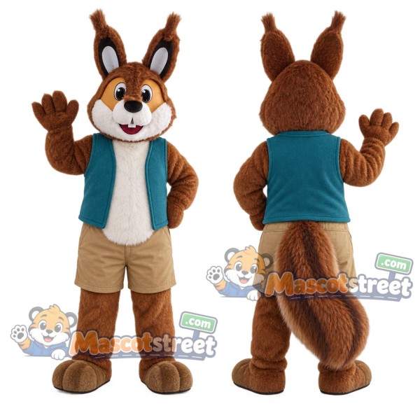 Brown Squirrel Mascot Costume with Teal Vest and Tan Shorts