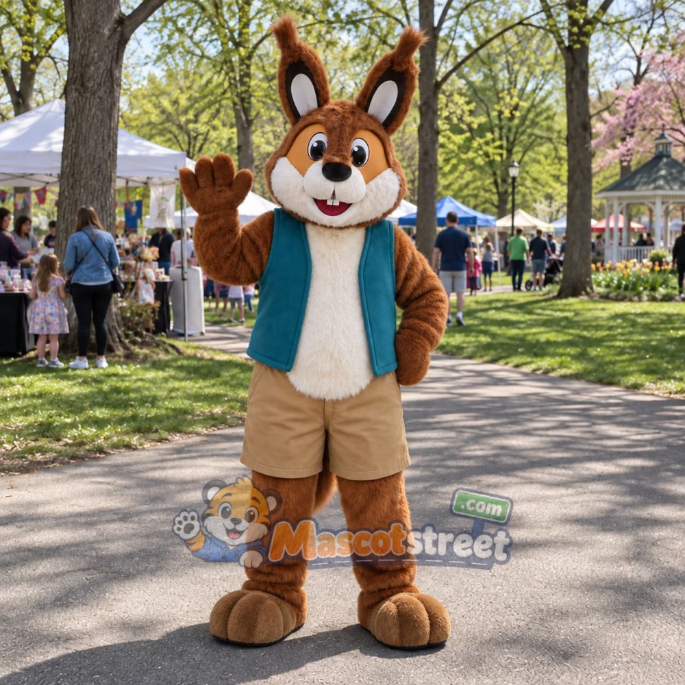 Brown Squirrel Mascot Costume with Teal Vest and Tan Shorts