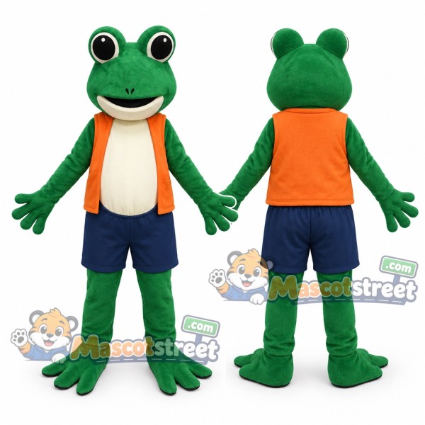 Green Frog Mascot Costume with Orange Vest and Navy Shorts