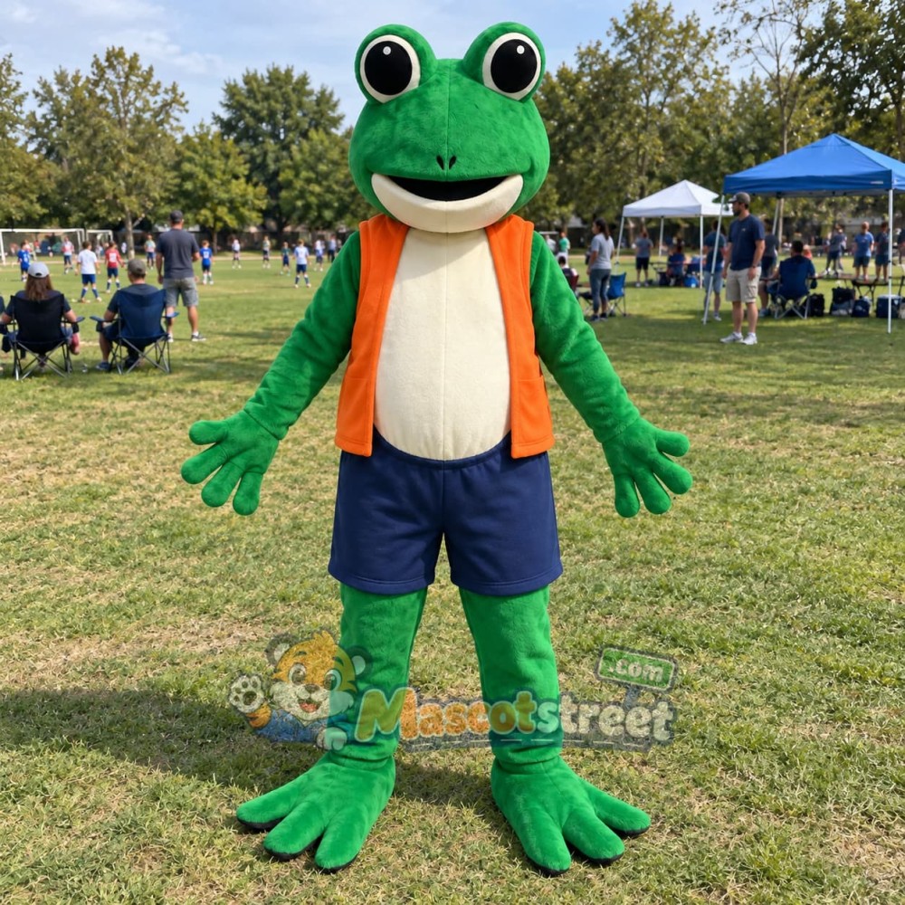 Green Frog Mascot Costume with Orange Vest and Navy Shorts Green Frog Mascot Costume with Orange Vest and Navy Shorts