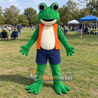 Green Frog Mascot Costume with Orange Vest and Navy Shorts Green Frog Mascot Costume with Orange Vest and Navy Shorts