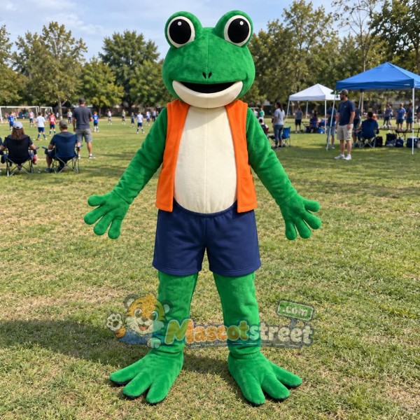 Green Frog Mascot Costume with Orange Vest and Navy Shorts