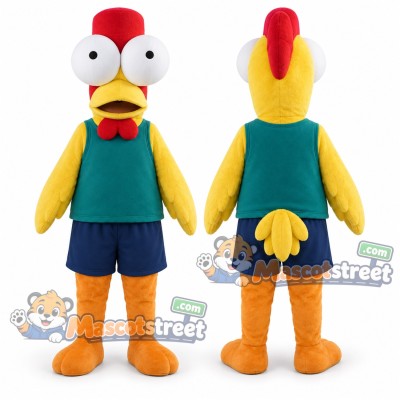 Yellow Chicken Mascot Costume with Teal Vest and Navy Shorts Yellow Chicken Mascot Costume with Teal Vest and Navy Shorts