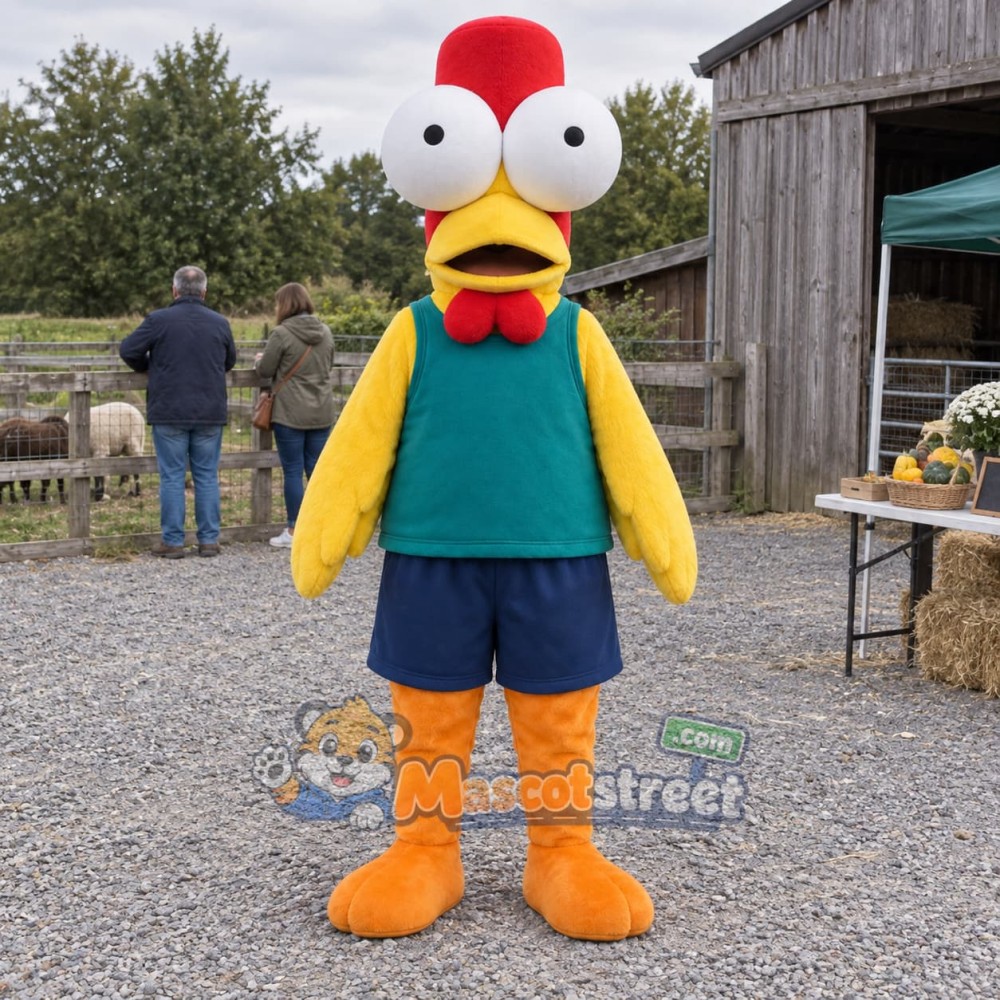 Yellow Chicken Mascot Costume with Teal Vest and Navy Shorts Yellow Chicken Mascot Costume with Teal Vest and Navy Shorts