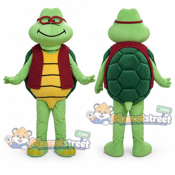 Green Turtle Mascot Costume with Burgundy Vest